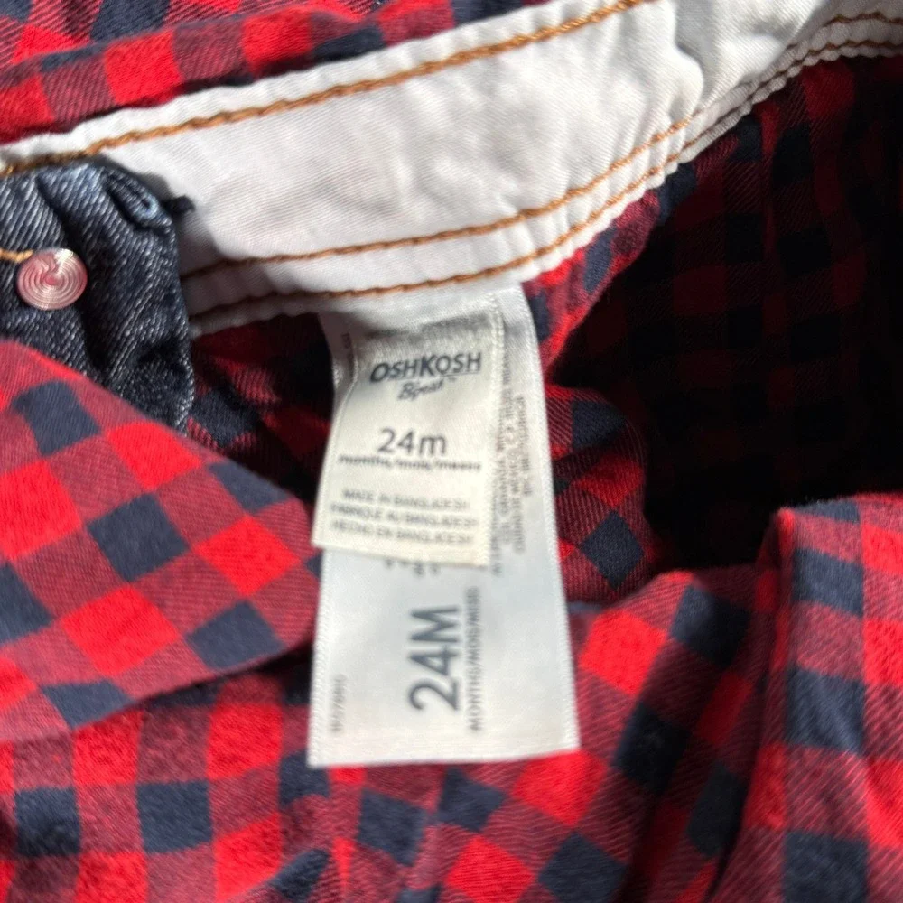 OshKosh Bgosh Kids 24M Flannel Lined Denim Overalls Blue Plaid Carpenter Bibs
